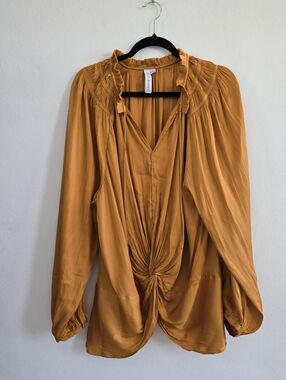 Grace + Karma Mustard Yellow Pleated V-.neck Blouse- 2X